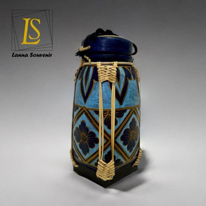 Handmade Bamboo Rice Box with Floral Design - Authentic Thai Craftsmanship น้ำเงินลายตัด