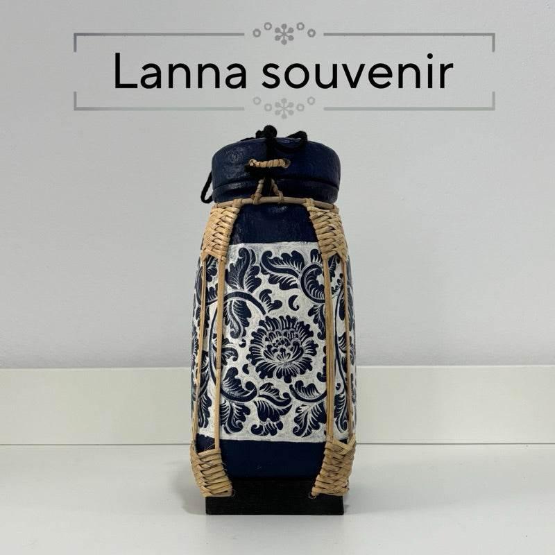 Handmade Bamboo Rice Box with Floral Design - Authentic Thai Craftsmanship น้ำเงิน