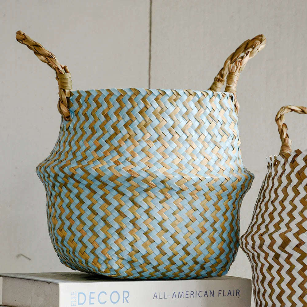 Handmade Boho Striped Wicker Storage Baskets – Collapsible Laundry & Garden Flower Pot Baskets with Patchwork Design
