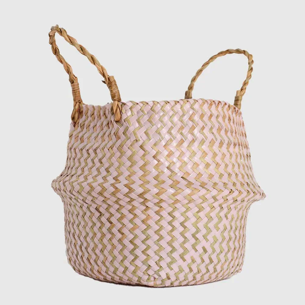 Handmade Boho Striped Wicker Storage Baskets – Collapsible Laundry & Garden Flower Pot Baskets with Patchwork Design