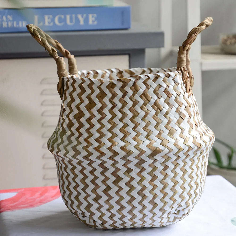 Handmade Boho Striped Wicker Storage Baskets – Collapsible Laundry & Garden Flower Pot Baskets with Patchwork Design