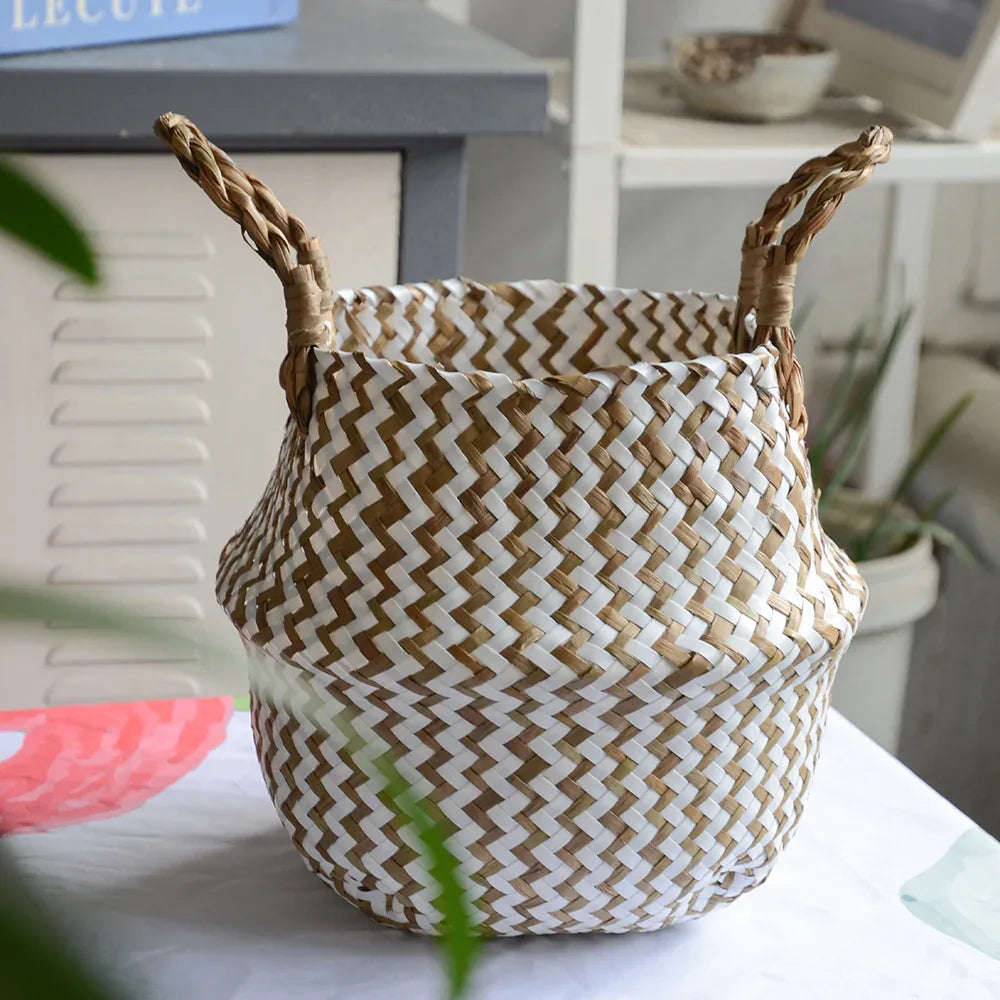 Handmade Boho Striped Wicker Storage Baskets – Collapsible Laundry & Garden Flower Pot Baskets with Patchwork Design