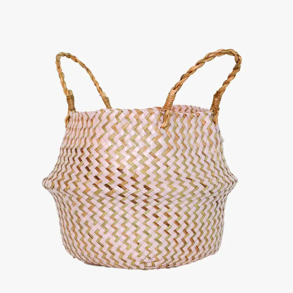 Handmade Boho Striped Wicker Storage Baskets – Collapsible Laundry & Garden Flower Pot Baskets with Patchwork Design