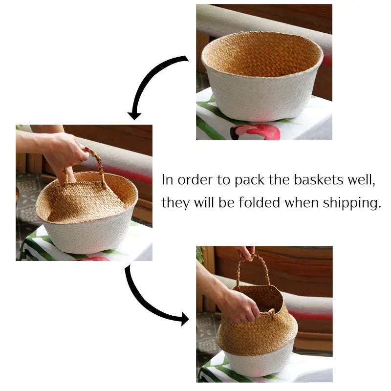 Handmade Boho Striped Wicker Storage Baskets – Collapsible Laundry & Garden Flower Pot Baskets with Patchwork Design