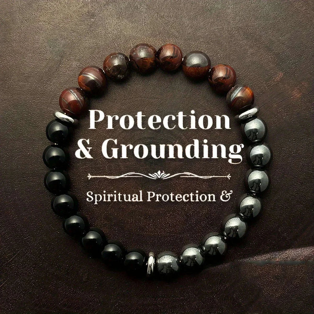 ✨ Handmade Protection and Grounding Bracelet – Red Tiger Eye and Hematite Natural Stone – Spiritual Energy Balance Jewelry