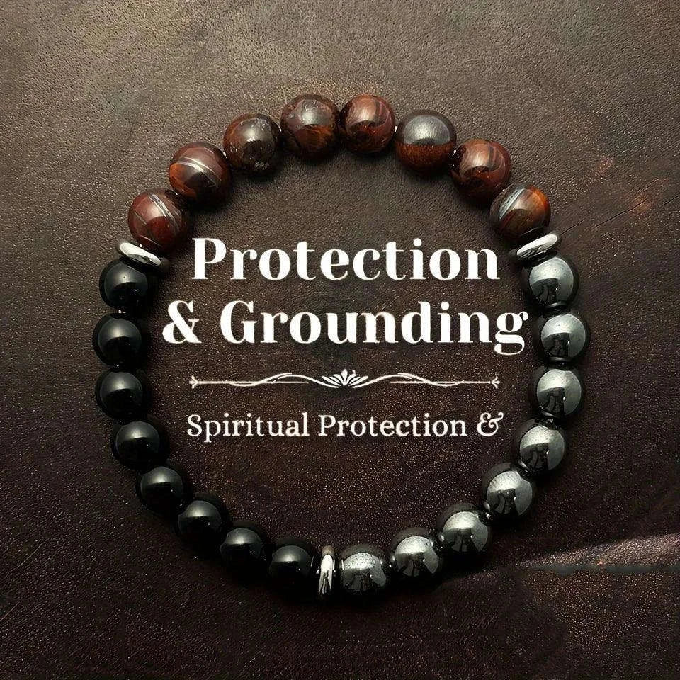 ✨ Handmade Protection and Grounding Bracelet – Red Tiger Eye and Hematite Natural Stone – Spiritual Energy Balance Jewelry 18cm