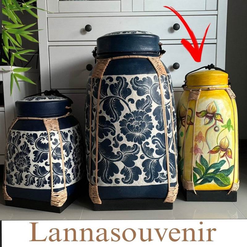 Handmade Thai bamboo rice basket with floral design in yellow from One-Sake.com kitchenware collection