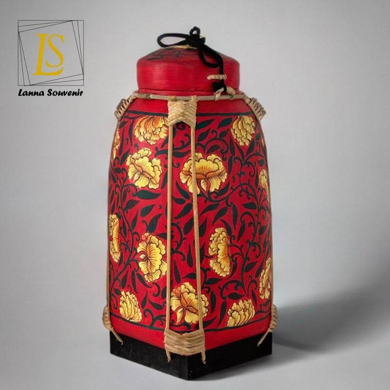Handmade Thai bamboo rice basket with red and gold floral design by One-Sake.com