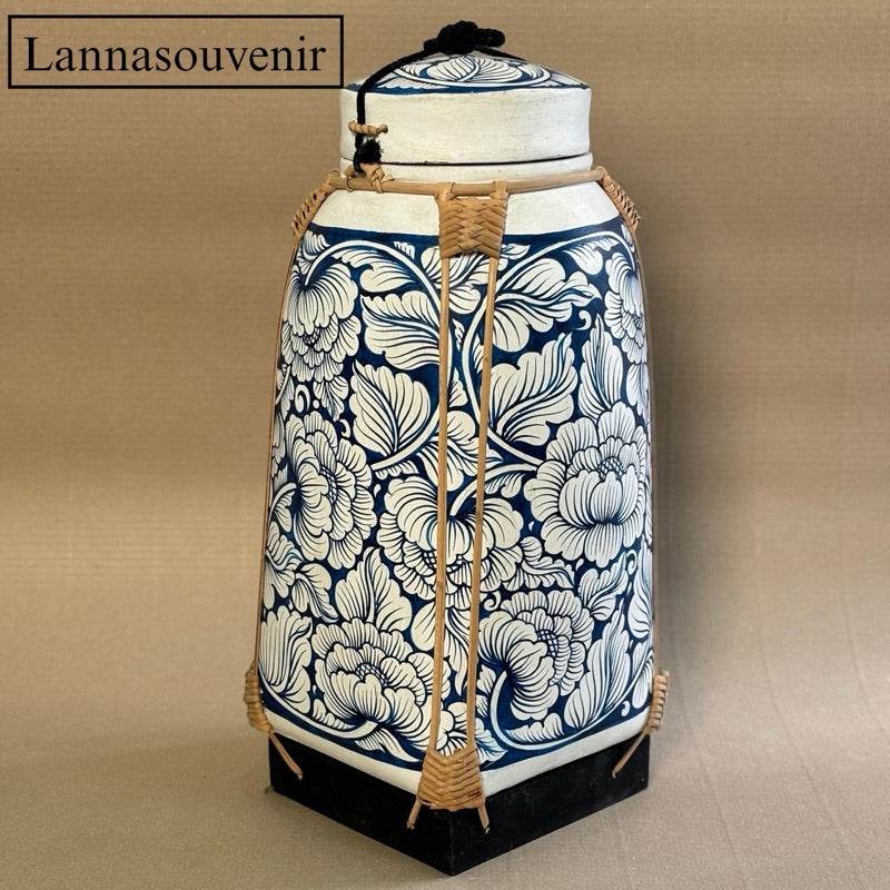 Handmade Thai bamboo rice basket with blue floral patterns and lid by One-Sake.com