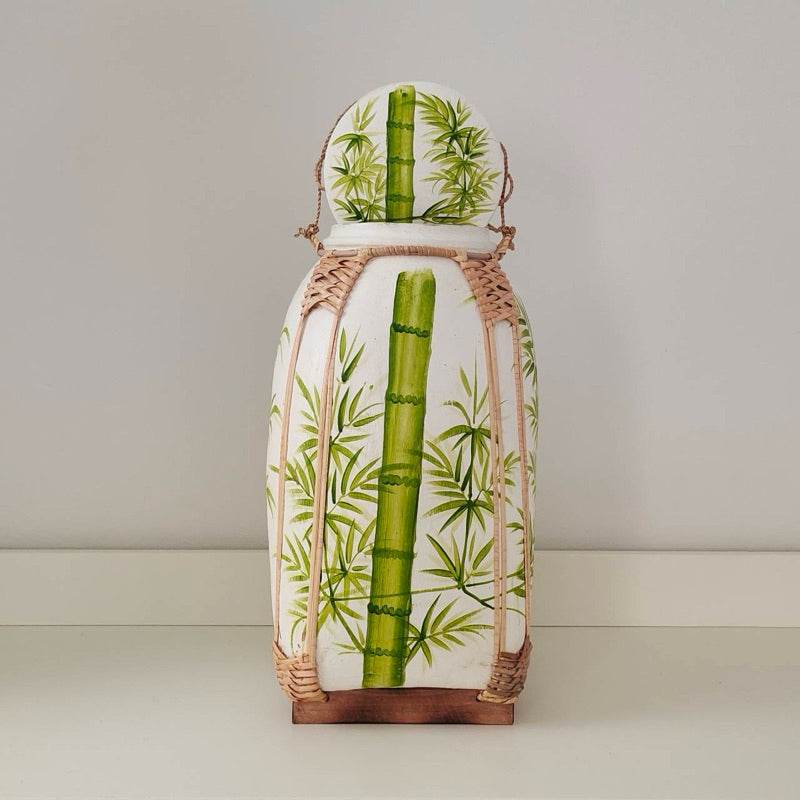 Handmade Thai bamboo rice basket with green bamboo design and woven accents for food storage