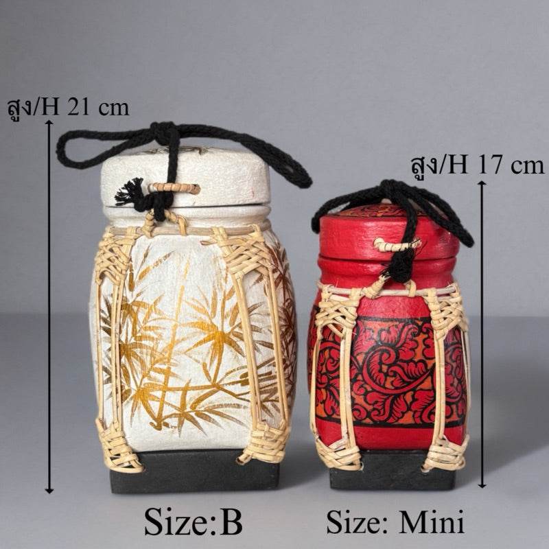 Handmade Thai bamboo rice box in two sizes with traditional designs and woven bamboo detailing