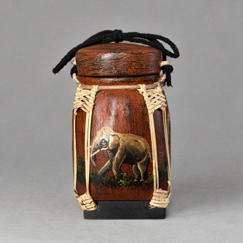 Handmade Thai bamboo rice box with elephant painting and woven bamboo details from One-Sake.com