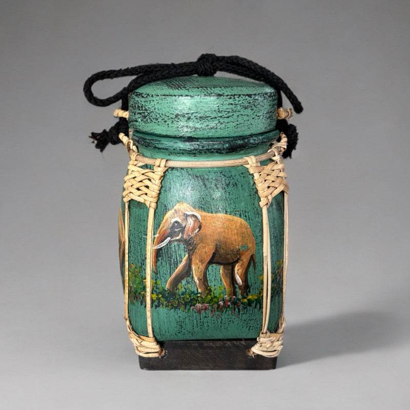 Handmade Thai bamboo rice box with green finish and elephant painting by One-Sake.com