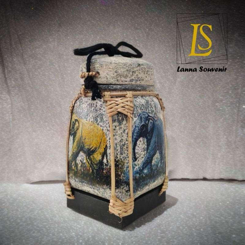 Handmade Thai Bamboo Rice Box - Thai Kratip Khao Storage Jar for Rice and Grains B26 Premium paint