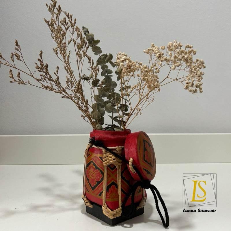 Handmade Thai Rice Basket Vase - Mini Lanna Bamboo Decorative Jar แดงขอบทอง