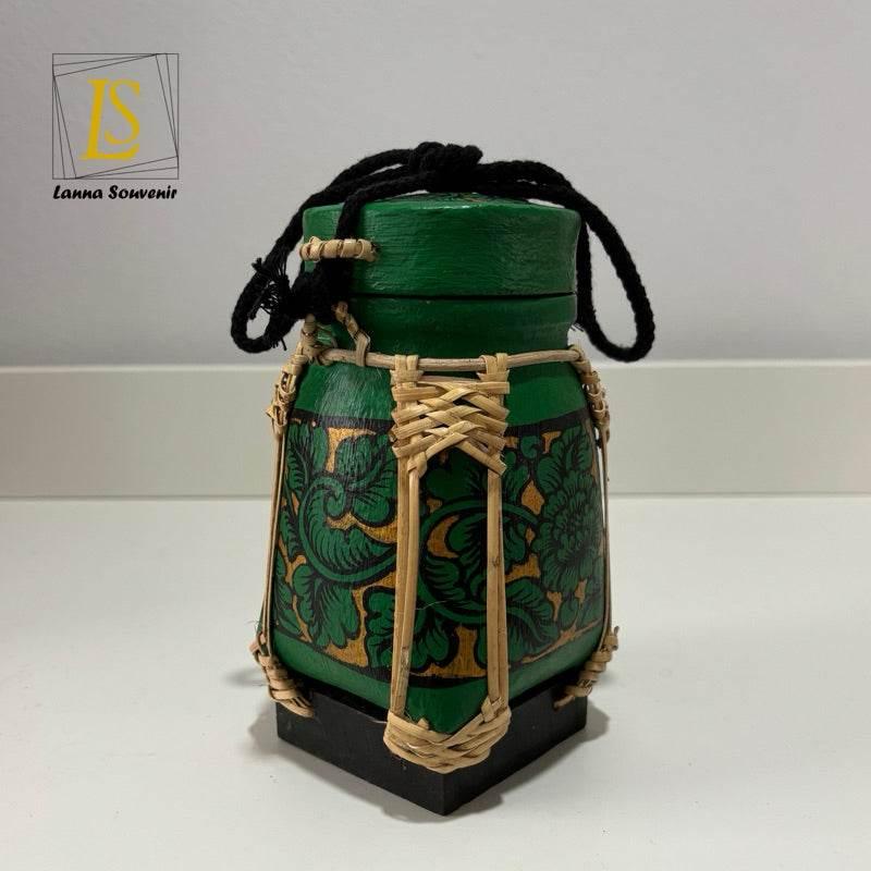 Handmade Thai Rice Basket Vase - Mini Lanna Bamboo Decorative Jar เขียวทอง