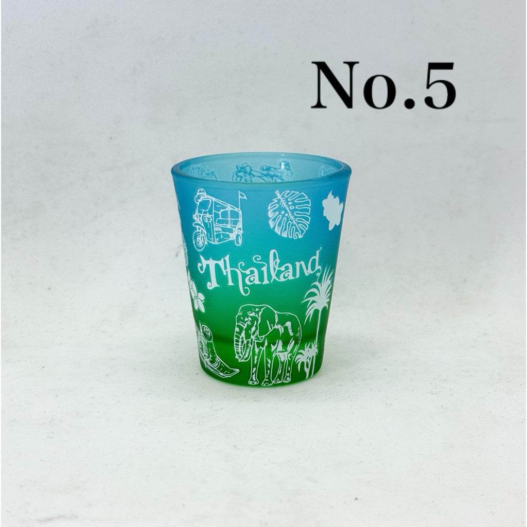 Handmade Thailand mini tumbler with blue and green gradient and white elephant and palm tree designs