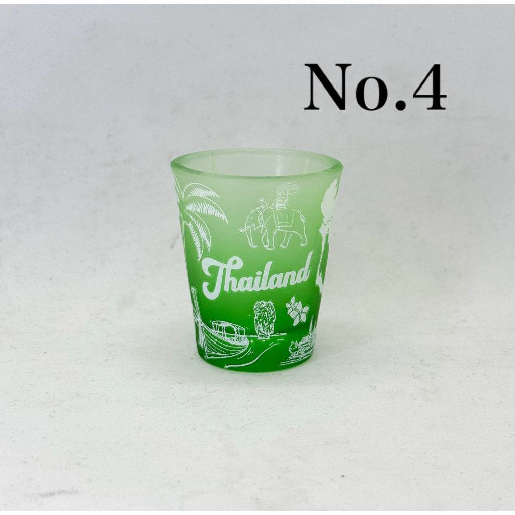 Green handmade Thailand mini tumbler with white Thailand-themed illustrations by One-Sake.com