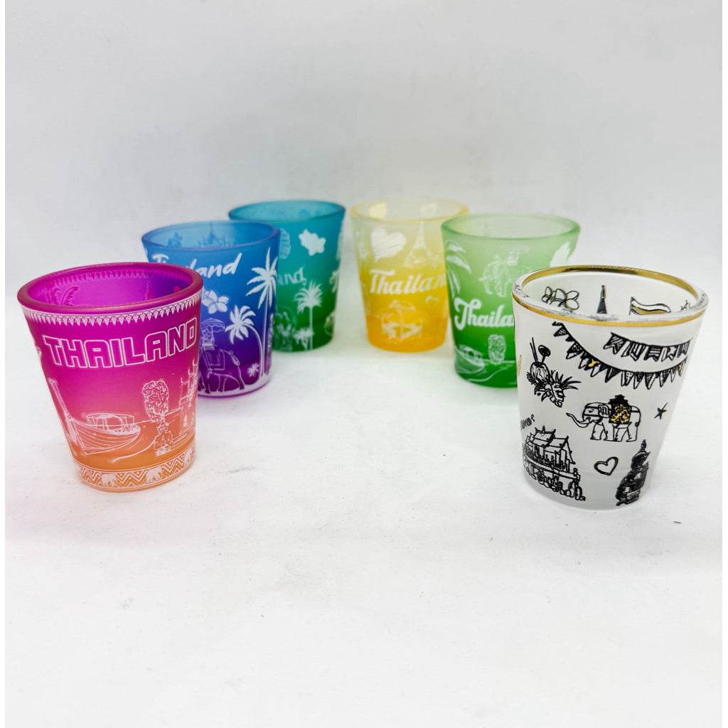 Colorful set of handmade Thailand mini tumbler glasses with various traditional Thai designs