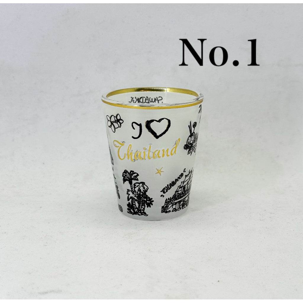 One-Sake.com handmade Thailand mini tumbler with gold rim and black detailed illustrations
