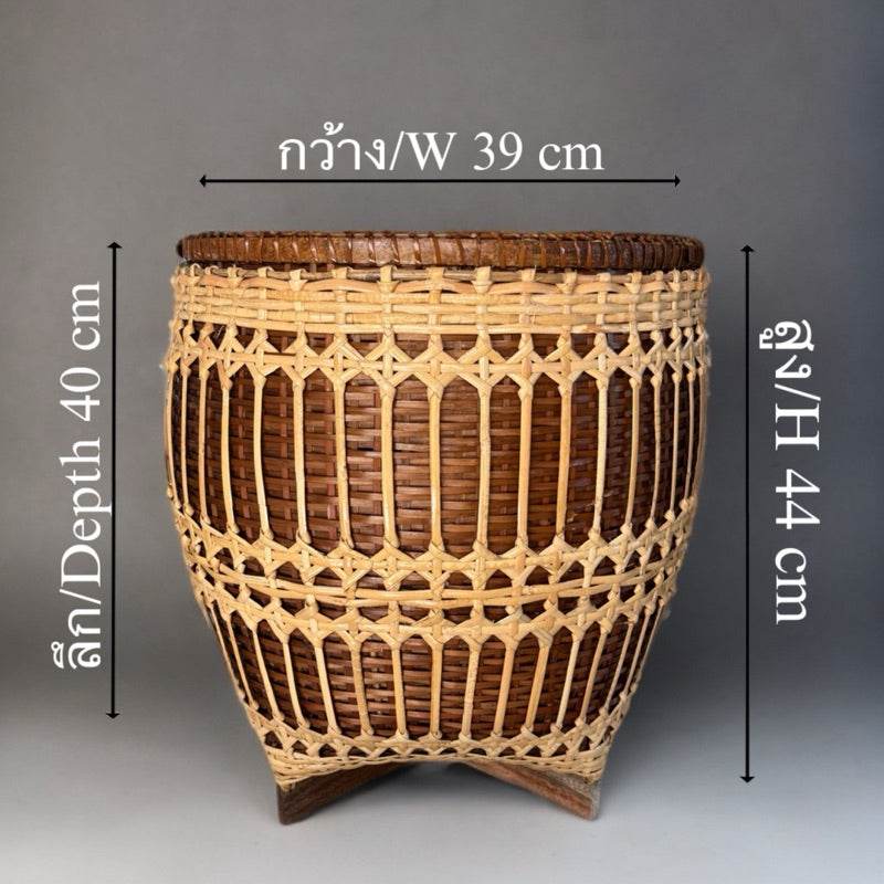 Handwoven bamboo rattan basket with natural brown and beige colors measuring 39 cm wide, 40 cm deep, and 44 cm high