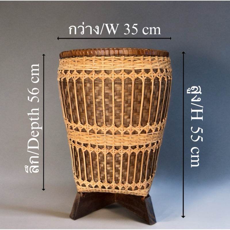 Handwoven bamboo rattan basket with wooden legs measuring 35 cm width, 56 cm depth, and 55 cm height