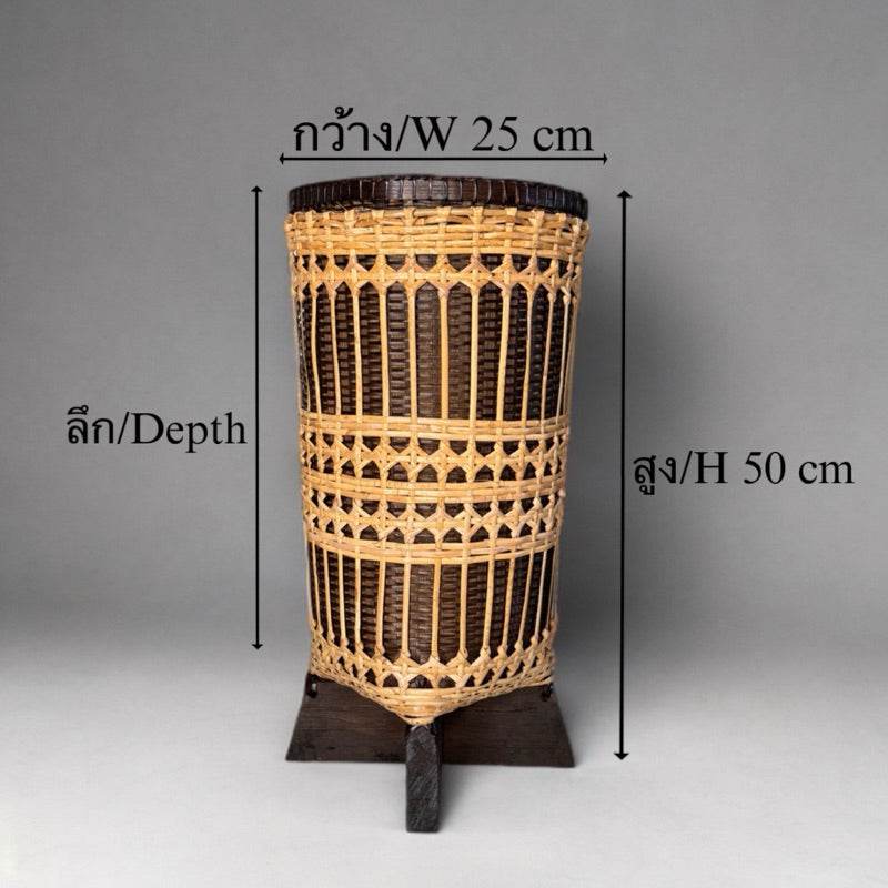 Handwoven bamboo rattan basket with triangular shape and wooden legs, 25 cm wide and 50 cm tall
