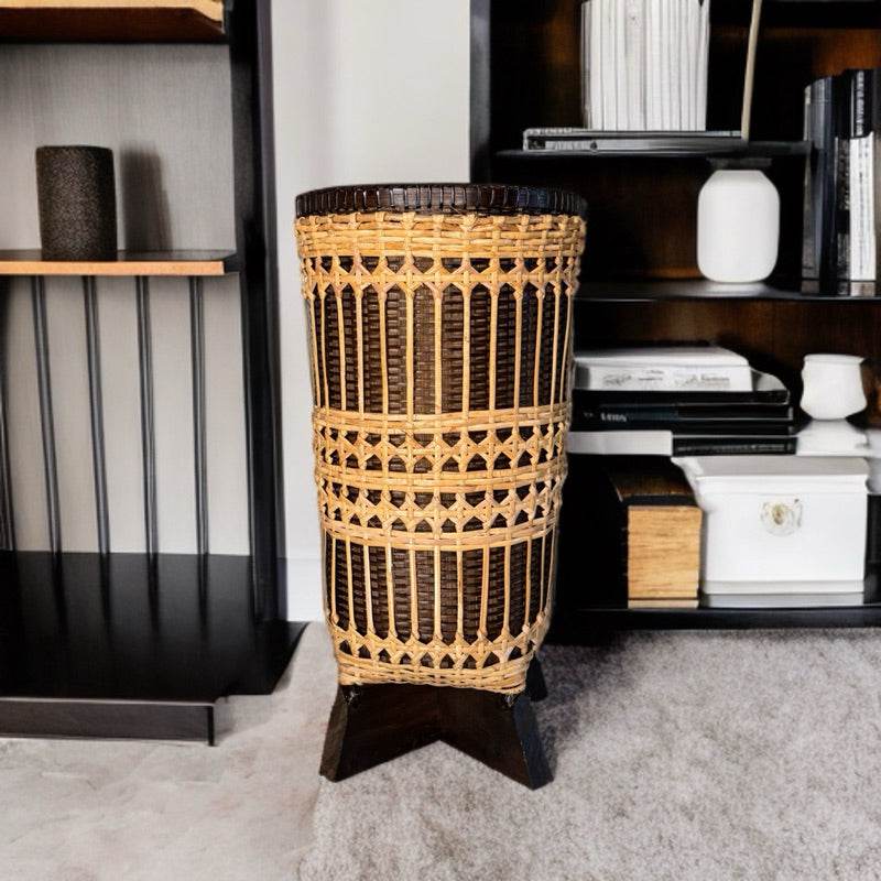 Handwoven bamboo rattan basket in a modern living room for stylish storage and decor