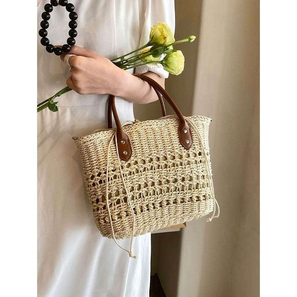 Handwoven Cotton Rope Tote Bag with Lining - Adjustable Strap & Natural Fiber Design | 20cm x 30cm Multi-Use Shoulder & Crossbody Bag for Women white off