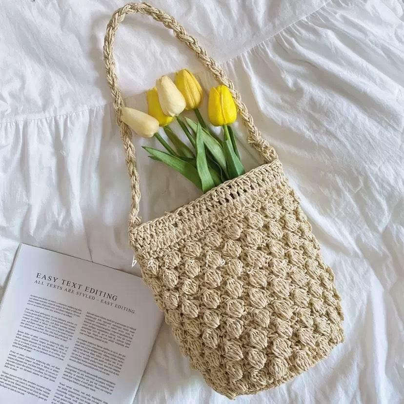 Handwoven Korean Style Shoulder Bag - Artisan Crafted Cotton Tote with Adjustable Strap, 25cm Height white off