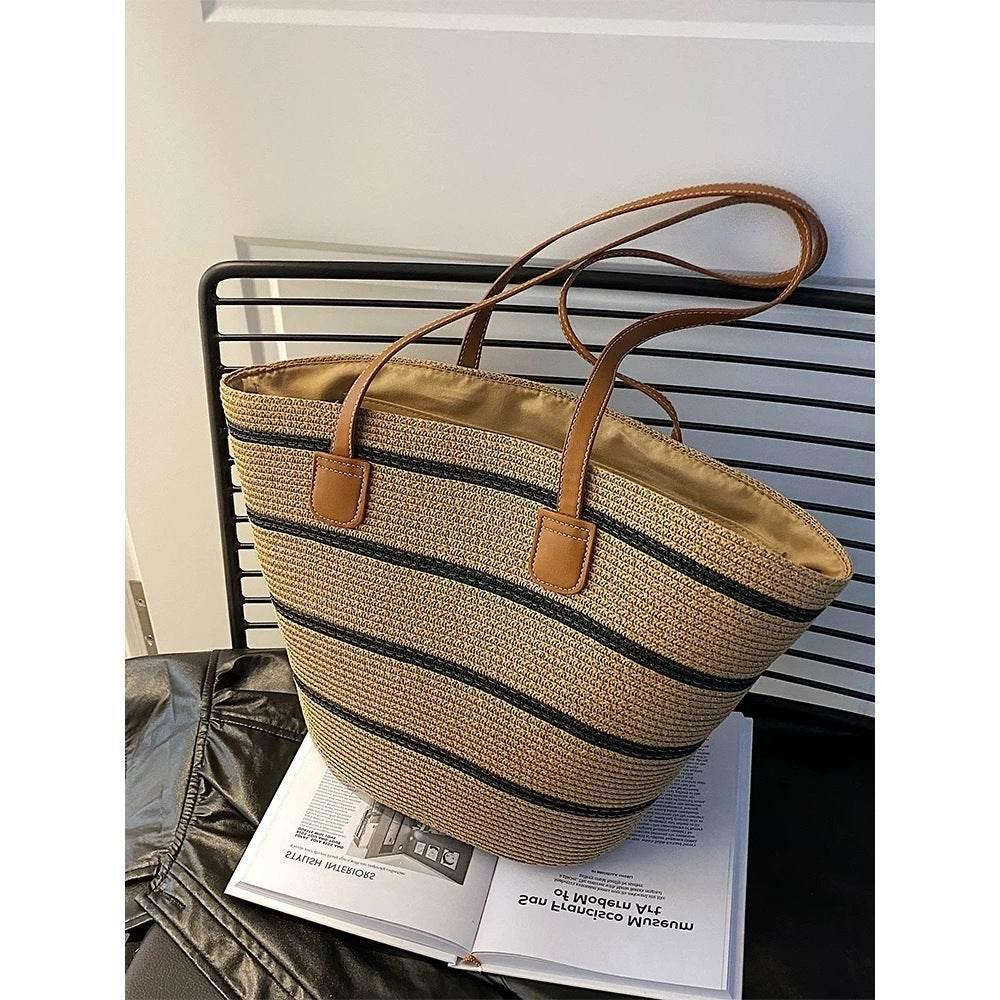 Handwoven Rattan Bag with Leather Strap - Stylish Women's Shoulder Tote | 42cm x 44cm Natural Fashion Accessory