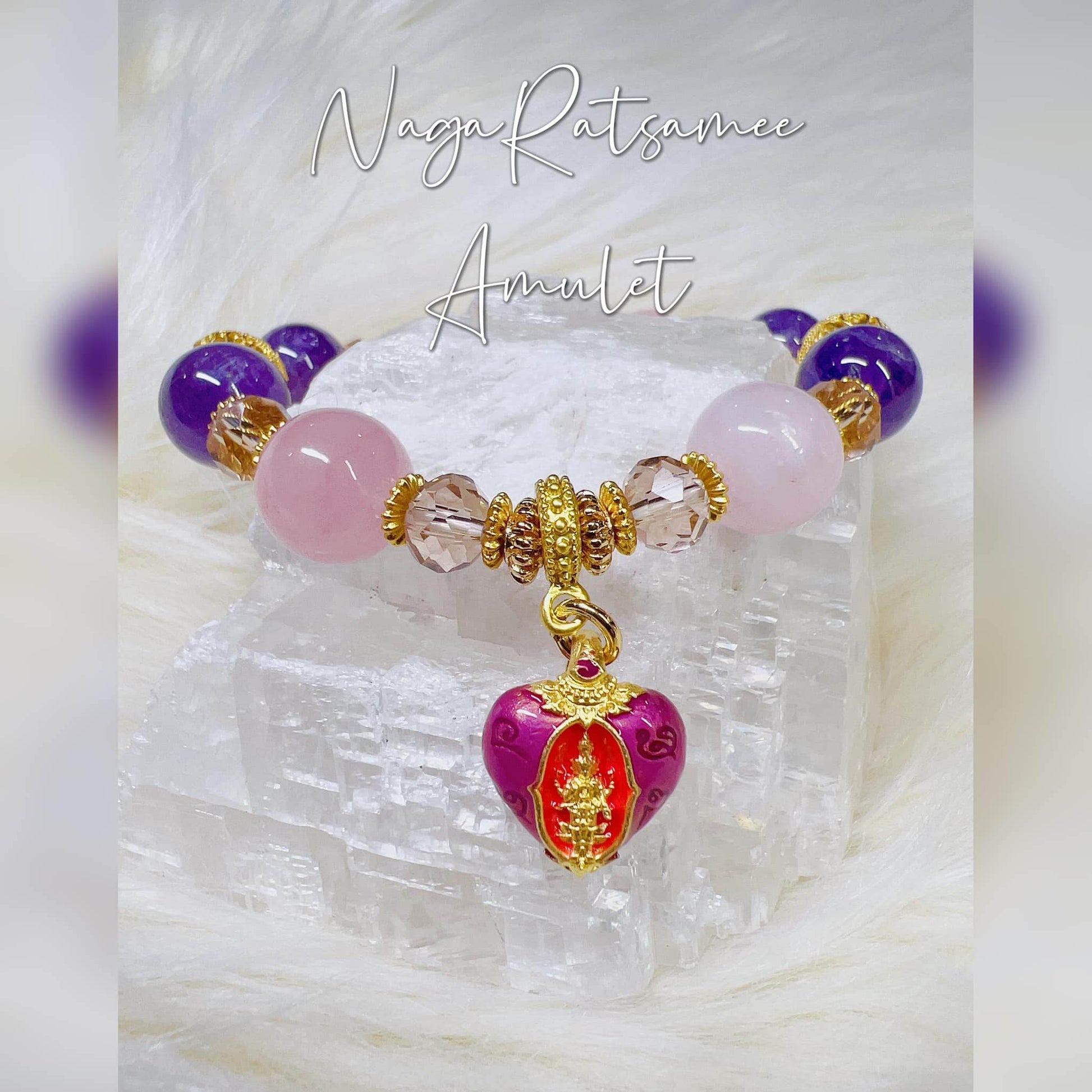 Heart of Trimurti love amulet bracelet with purple beads and gold accents for spiritual connection