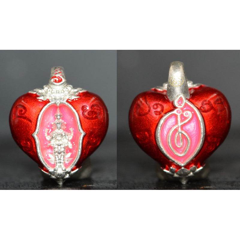 Heart of Trimurti love amulet in red with intricate silver detailing for spiritual protection