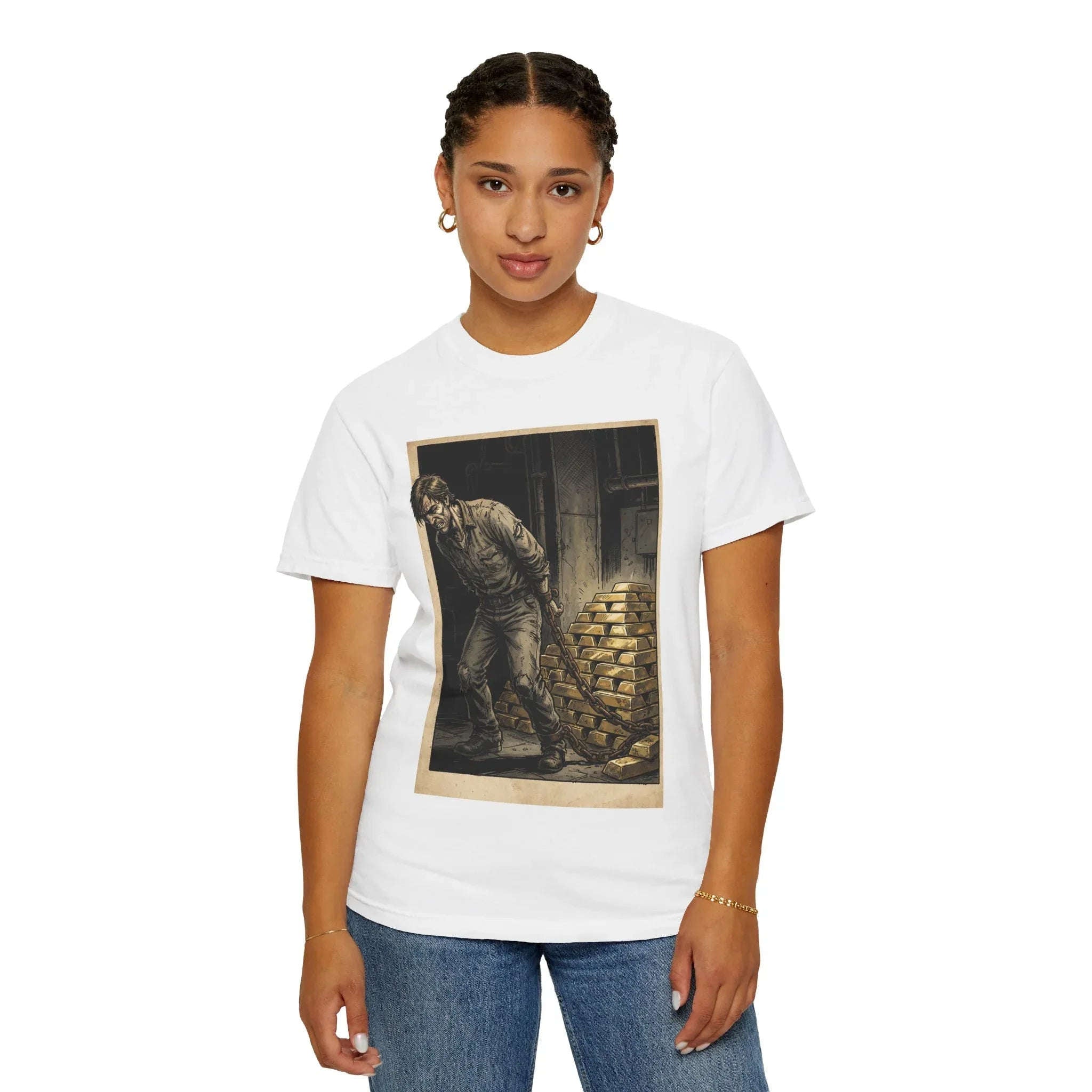 Heavy Gold Chains Satirical Shirt - Gritty Comic Art Tee - "Golden Burden" Wealth Trap Graphic - Vintage Prisoner of Greed Gift - Dark Humor Satire Streetwear