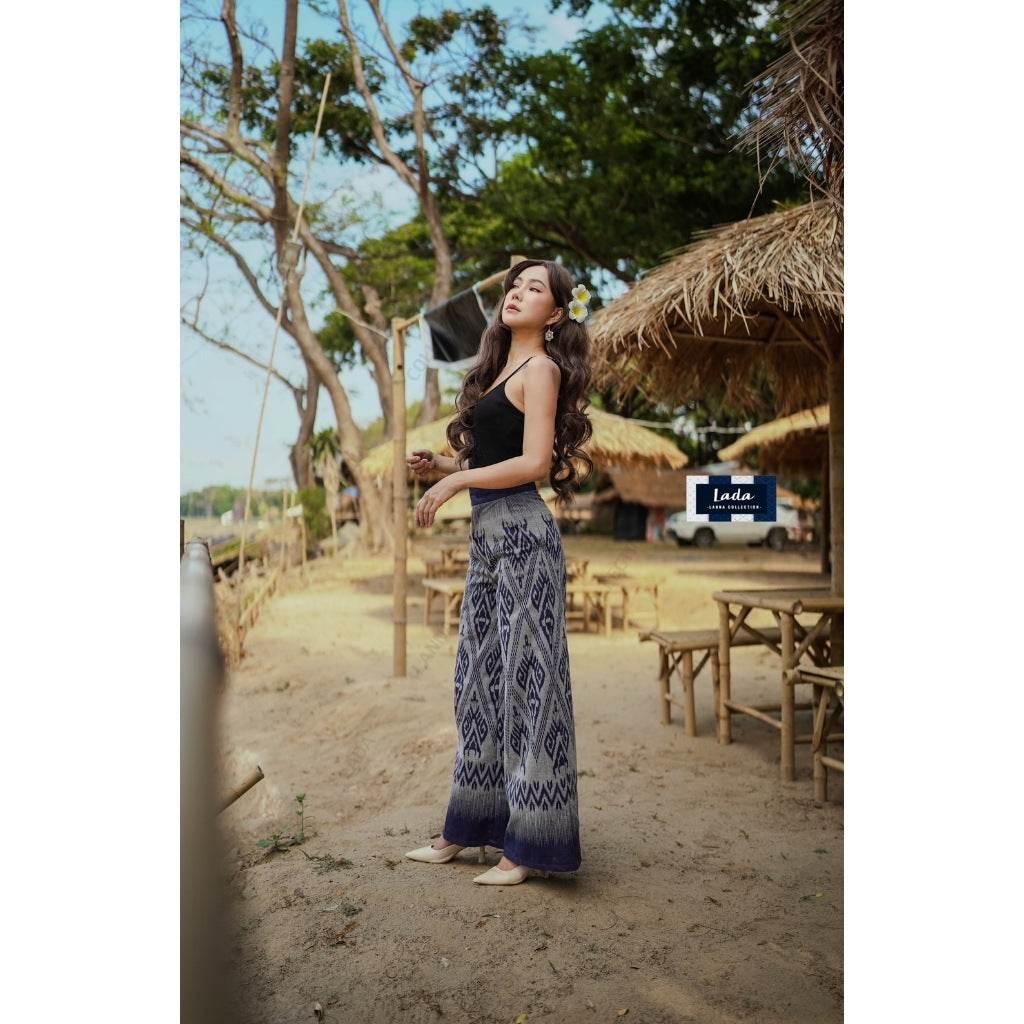 High-Waisted Thai Print Cotton Pants - Slim Fit Trousers with Side Pockets, 39" Length, Available in S–XL Sizes