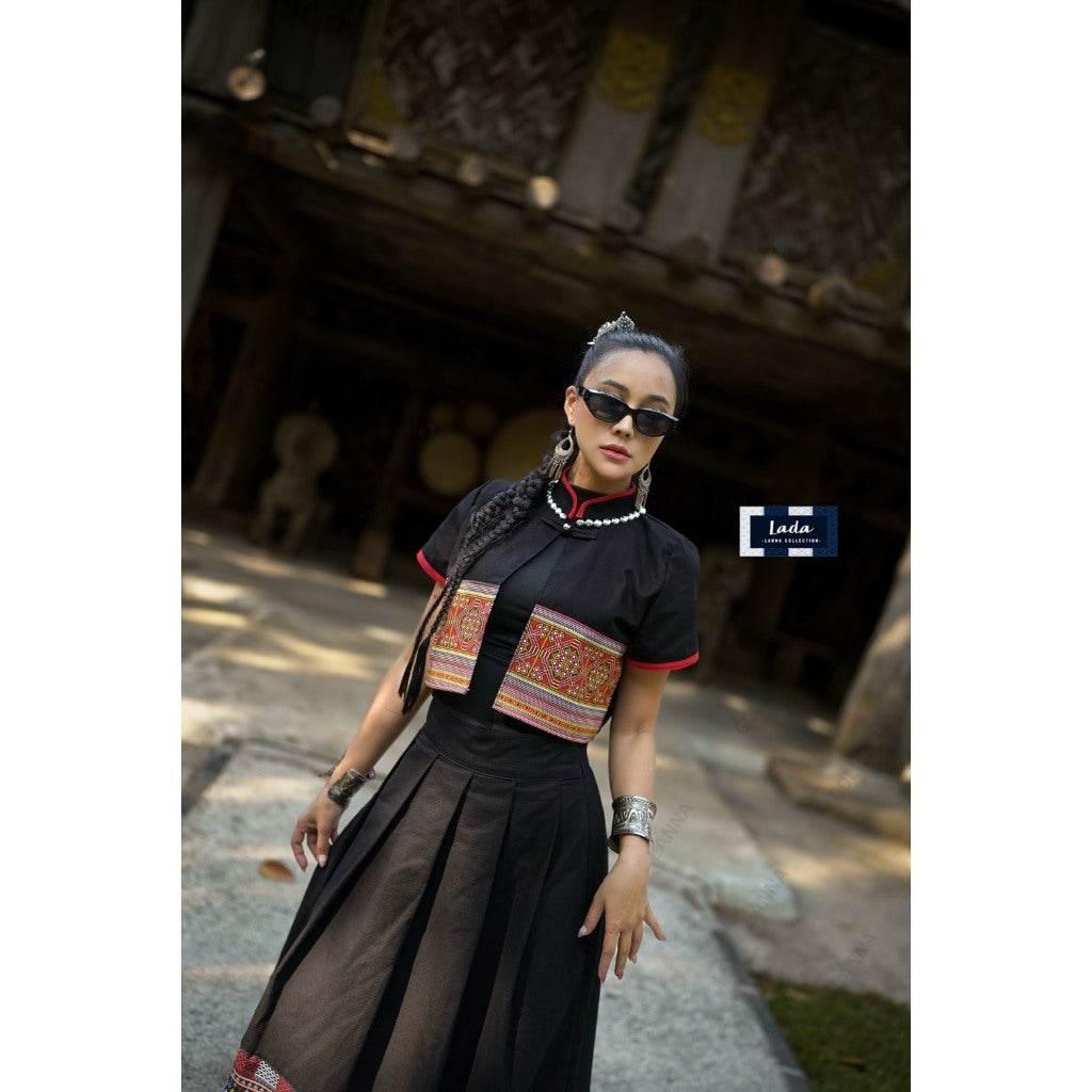 Hmong-Inspired Cotton Set - Stylish 2-Piece Wrap Top & Pleated Skirt for Women in S–XL Sizes