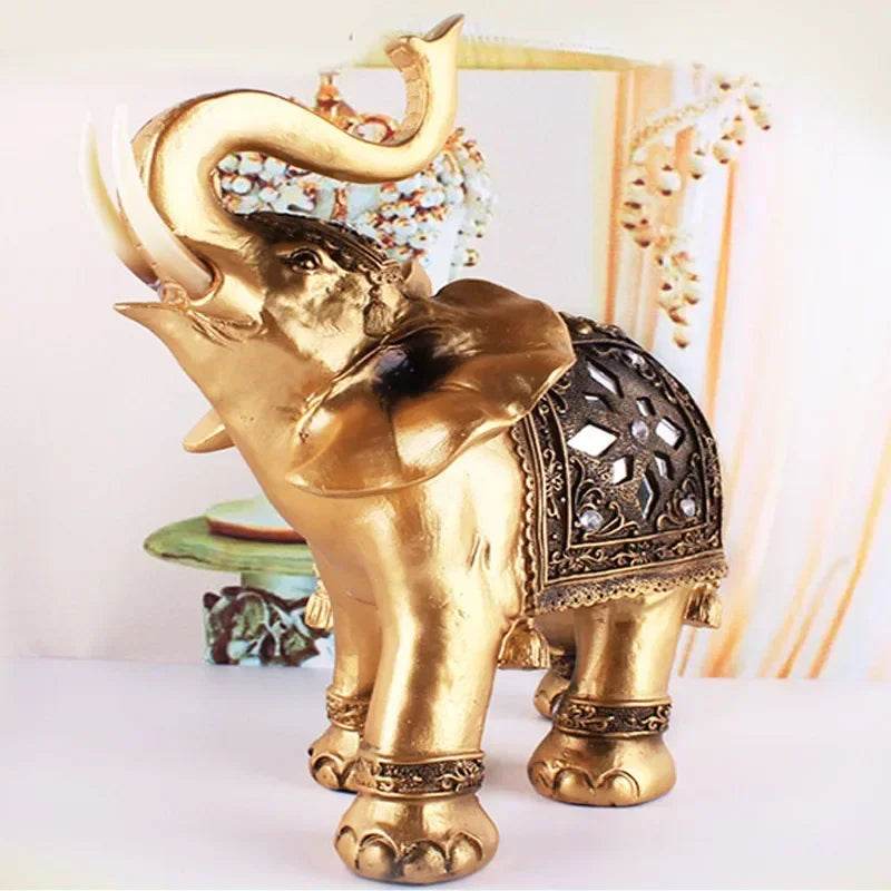 Thai Golden Resin Elephant Statues - Set of 3 Decorative Home Accents