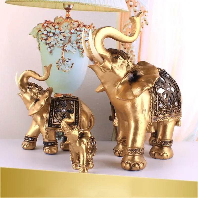 Thai Golden Resin Elephant Statues - Set of 3 Decorative Home Accents