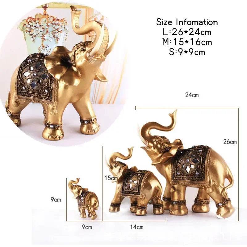 Thai Golden Resin Elephant Statues - Set of 3 Decorative Home Accents