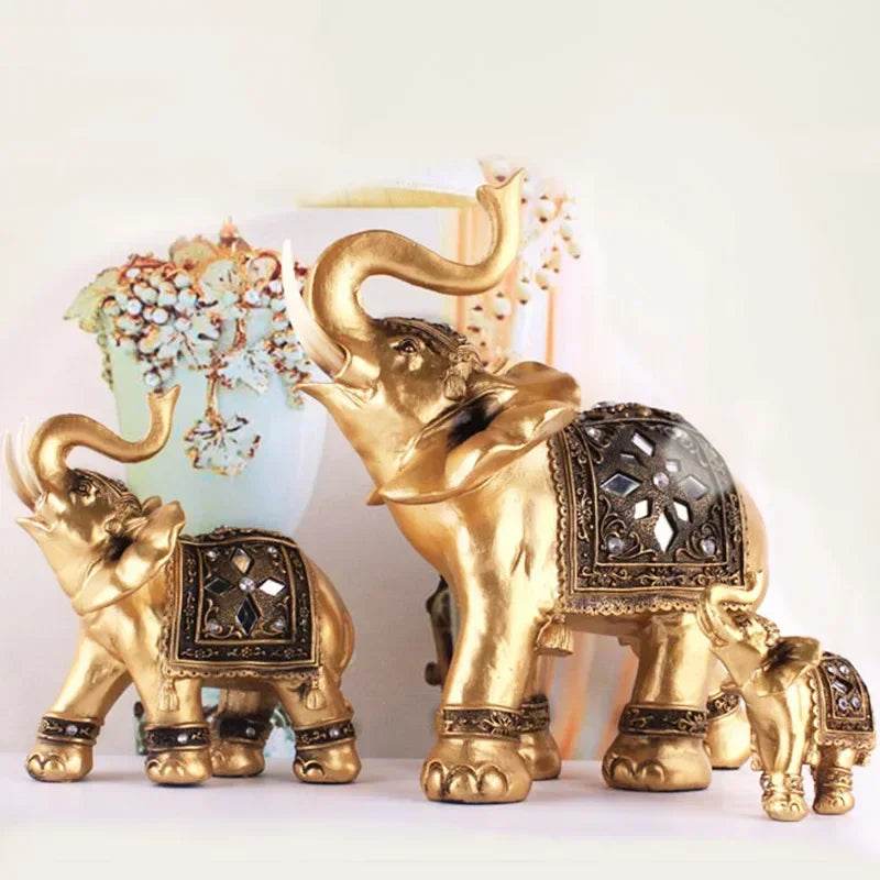 Thai Golden Resin Elephant Statues - Set of 3 Decorative Home Accents M