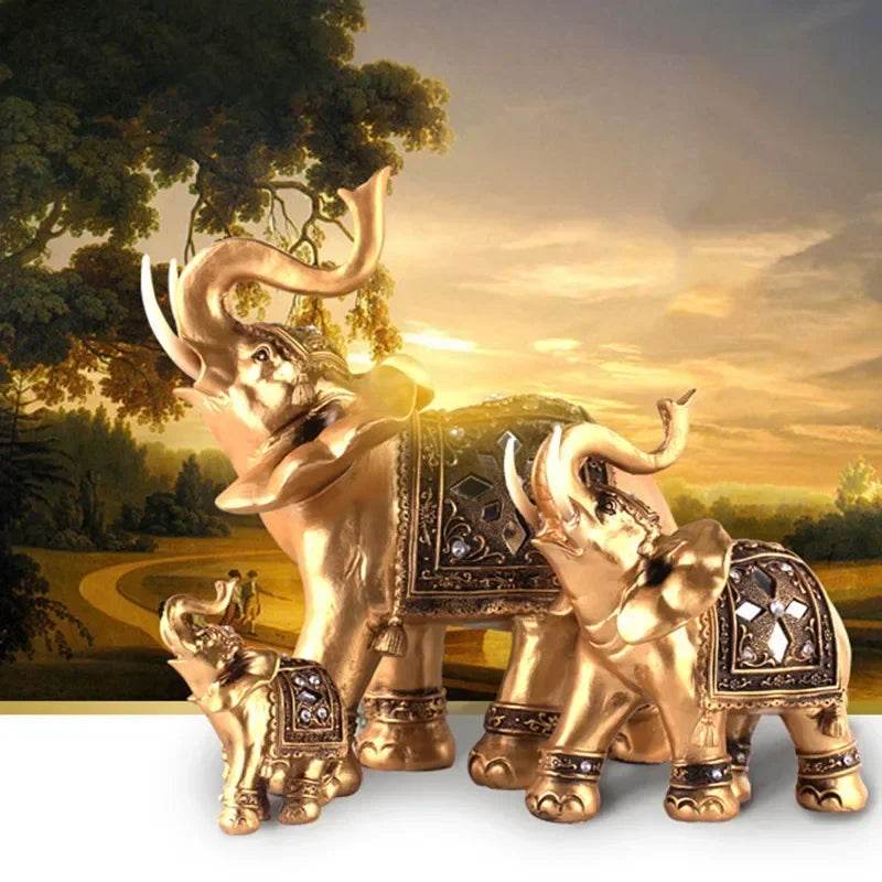Thai Golden Resin Elephant Statues - Set of 3 Decorative Home Accents