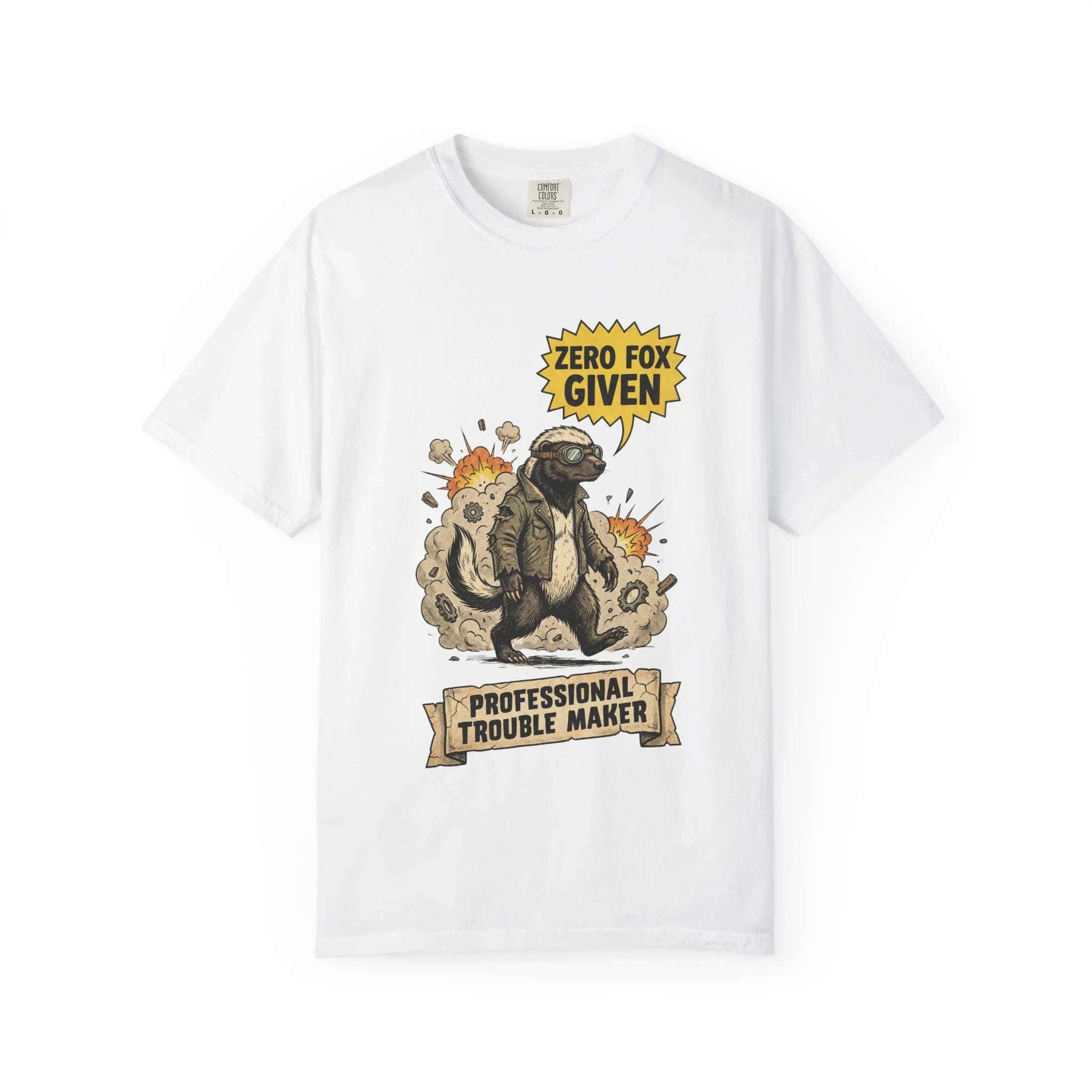 Honey Badger Shirt - "Zero Fox Given" T-Shirt - Professional Trouble Maker - Funny Animal Tee - Vintage Biker Gift - Sarcastic Graphic Top for Rebels White