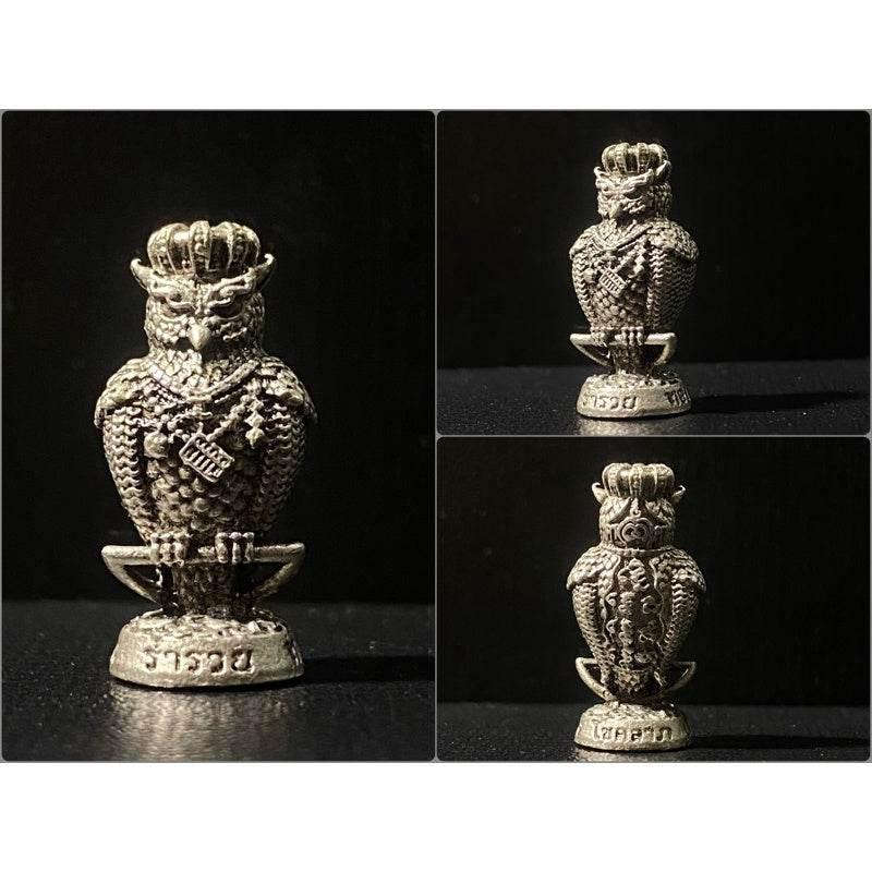 Hoot of Wealth Owl Amulet for Prosperity & Fortune | Consecrated by Luangpu Maen Phuriyanano, Khao Chan Temple, Phetchabun Silver Satin