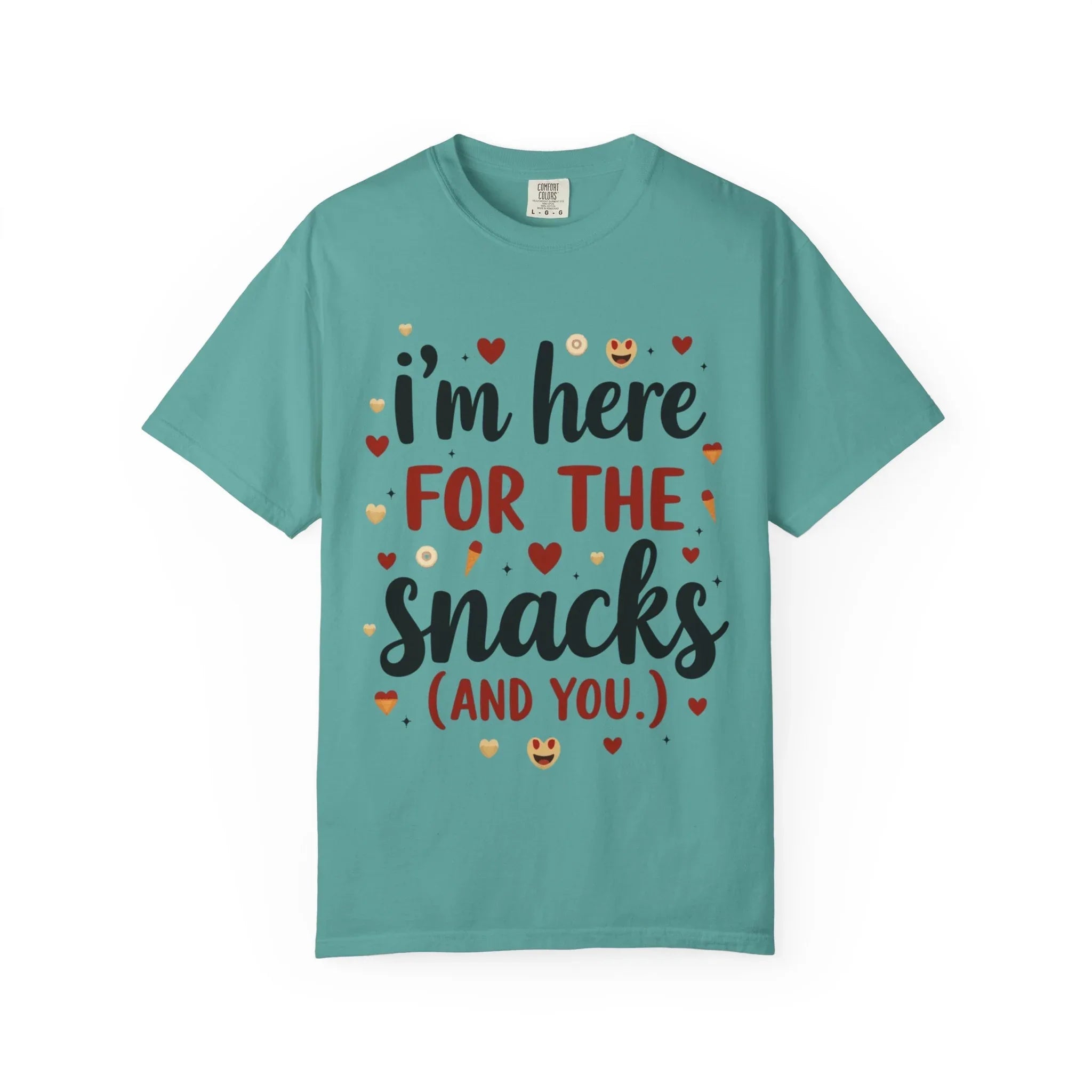 Im Here for the Snacks Shirt, Funny Food Quote T-Shirt, Cute Hearts Tee, Snack Lover Gift, Flirty Couples Humor, Valentine Seafoam
