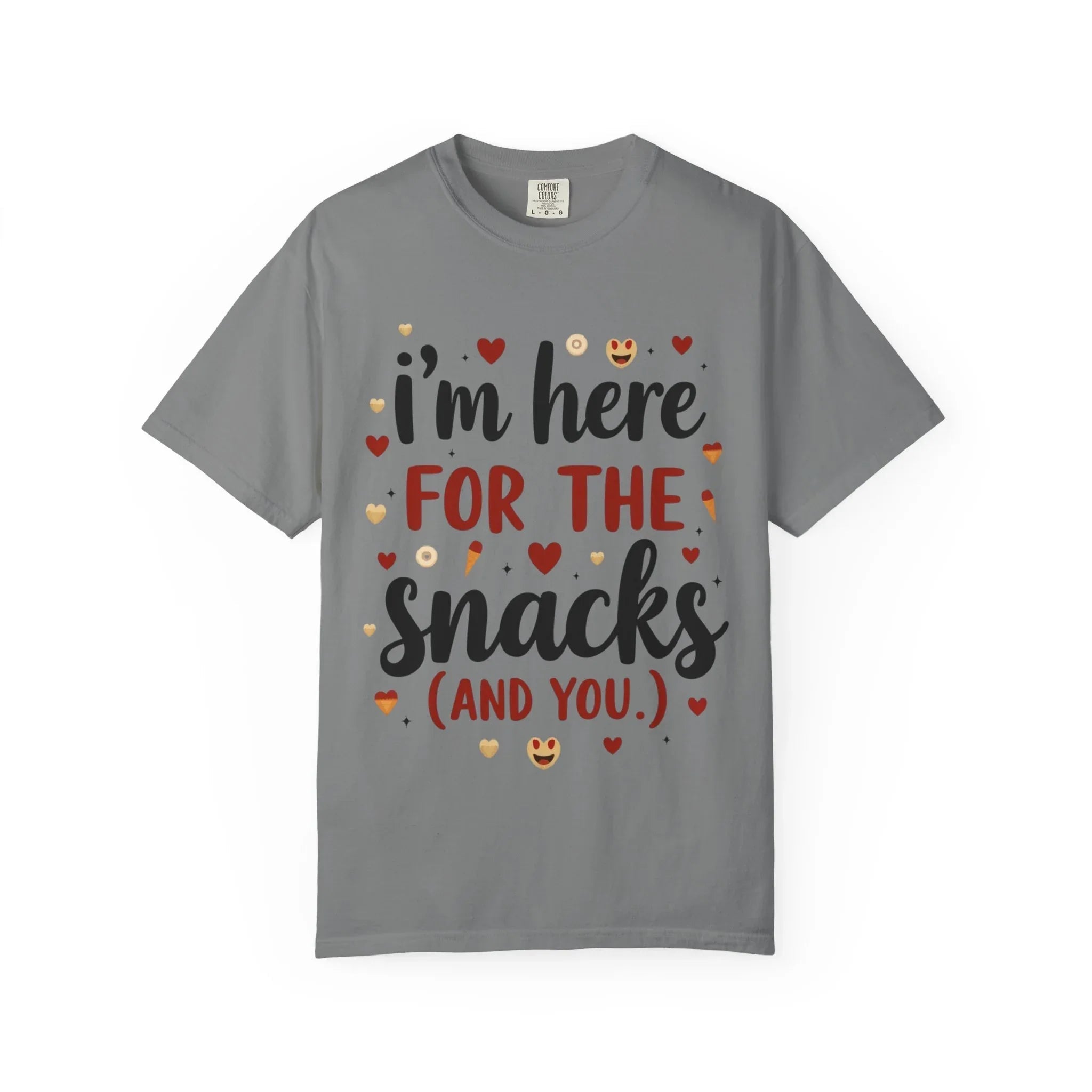 Im Here for the Snacks Shirt, Funny Food Quote T-Shirt, Cute Hearts Tee, Snack Lover Gift, Flirty Couples Humor, Valentine Grey
