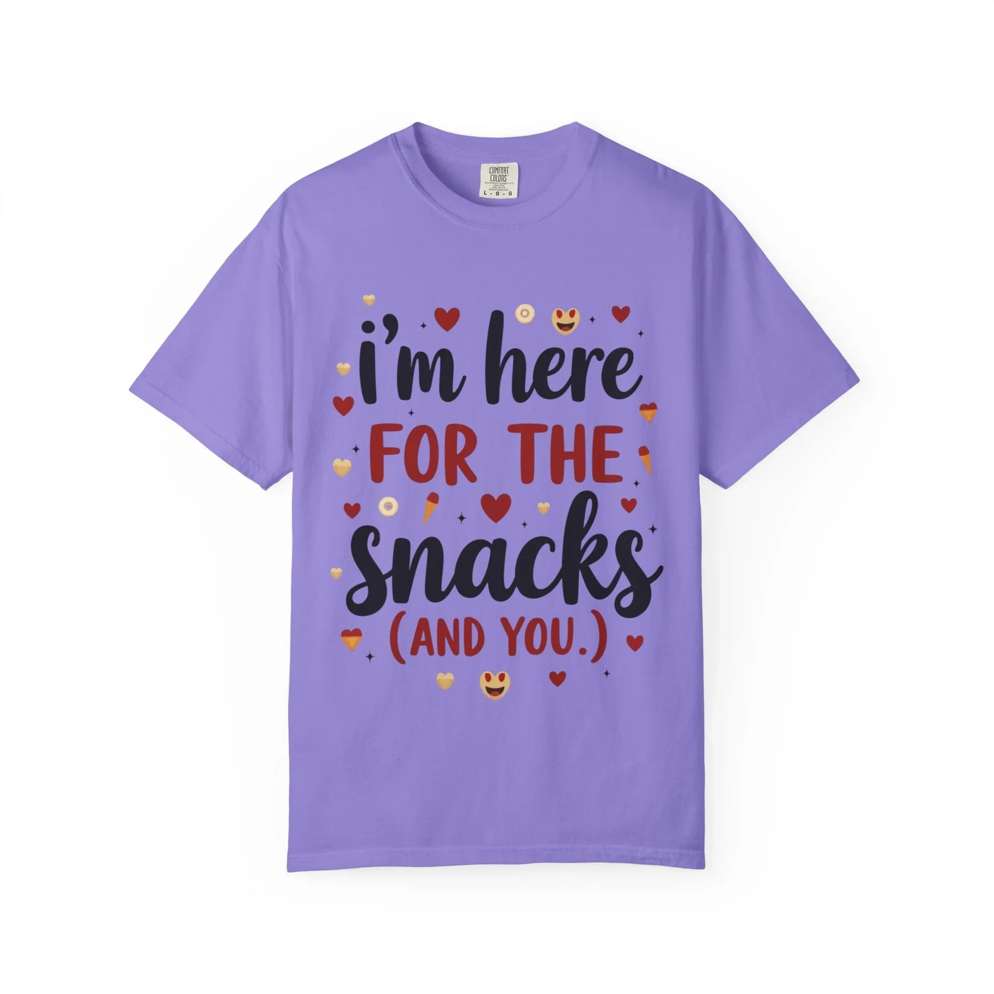 Im Here for the Snacks Shirt, Funny Food Quote T-Shirt, Cute Hearts Tee, Snack Lover Gift, Flirty Couples Humor, Valentine Violet