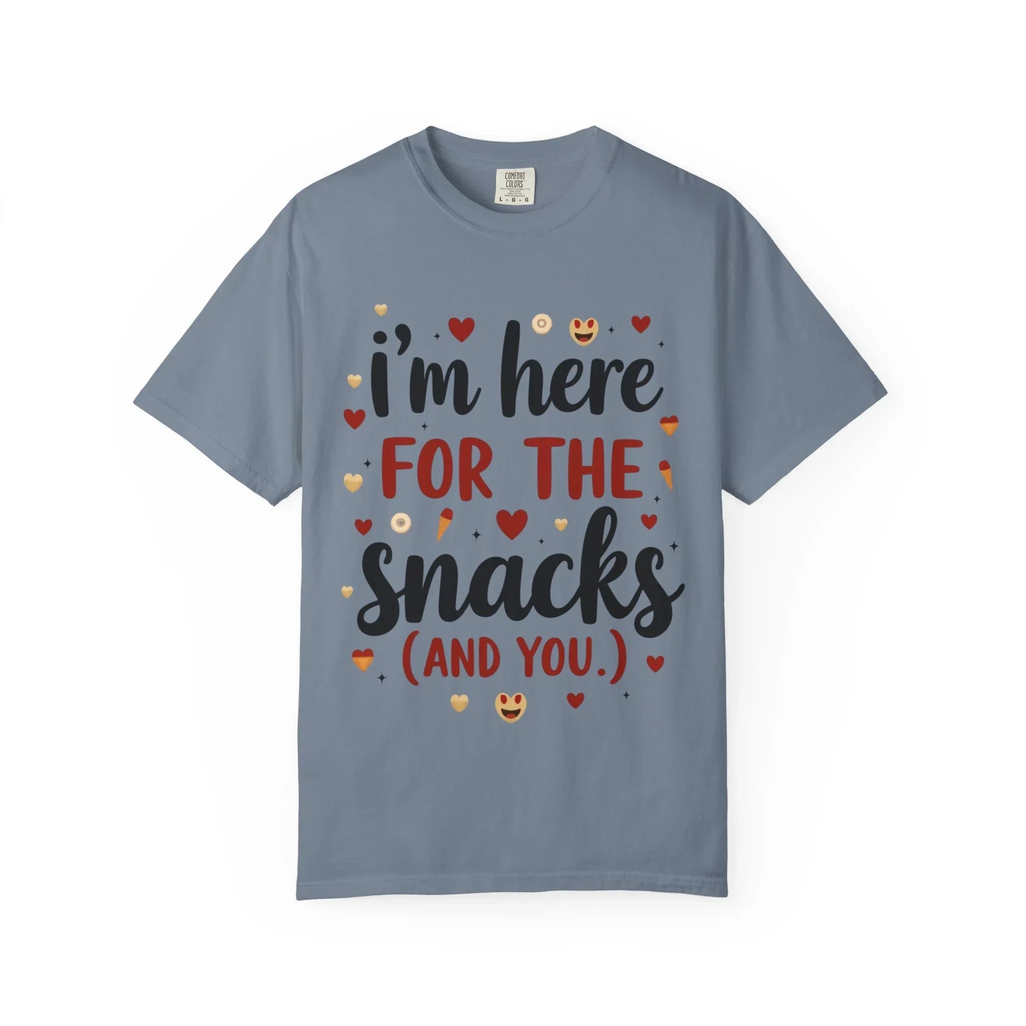 Im Here for the Snacks Shirt, Funny Food Quote T-Shirt, Cute Hearts Tee, Snack Lover Gift, Flirty Couples Humor, Valentine Blue Jean