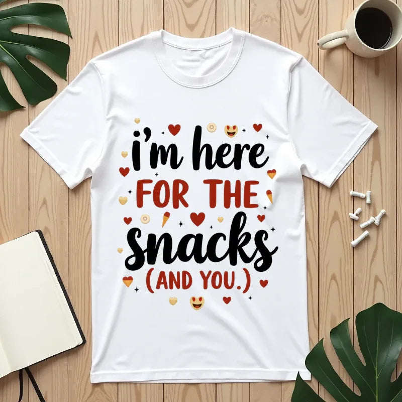 Im Here for the Snacks Shirt, Funny Food Quote T-Shirt, Cute Hearts Tee, Snack Lover Gift, Flirty Couples Humor, Valentine White