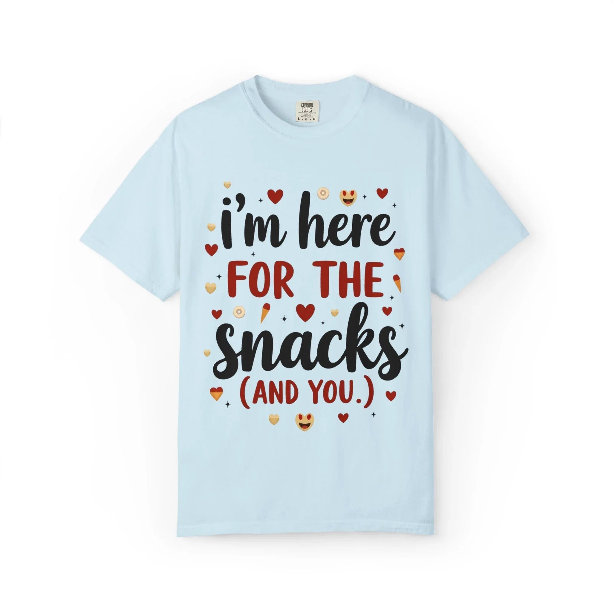 Im Here for the Snacks Shirt, Funny Food Quote T-Shirt, Cute Hearts Tee, Snack Lover Gift, Flirty Couples Humor, Valentine Chambray