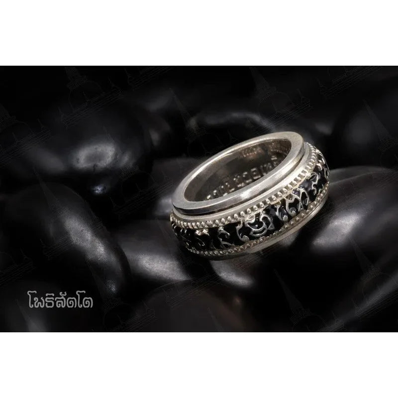 💍 Luang Pu Thuad Spinning Mantra Protection Ring – Bodhisatva Edition, Wat Ban Suan Phatthalung 2014 (Khao Or Lineage Miracle Talisman) size 64 Black enamel Silver